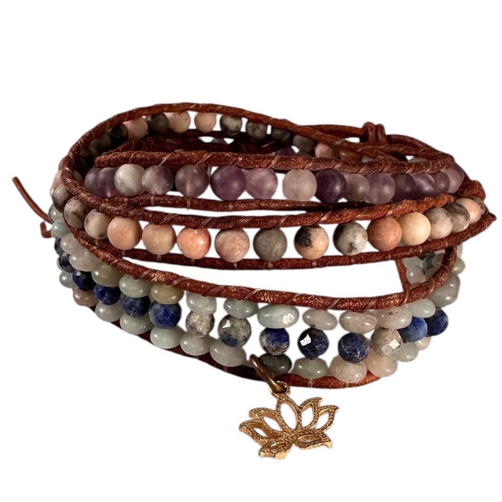 Unbranded‎ Leather Wrap Bracelet Women OS Multicolor Good Lotus Charm Boho Stone